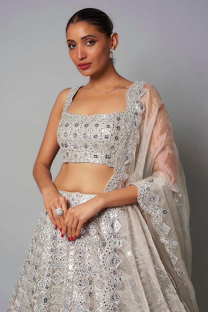 Silver Silk Organza & Net Bridal Lehenga Set by Aneesh Agarwaal at Pernia's Pop Up Shop
