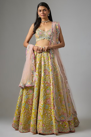 Lime Silk Embroidered Lehenga Set by Aneesh Agarwaal