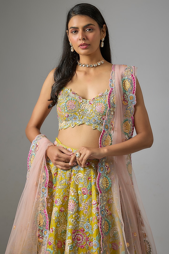 Lime Silk Embroidered Bridal Lehenga Set by Aneesh Agarwaal at Pernia's Pop Up Shop