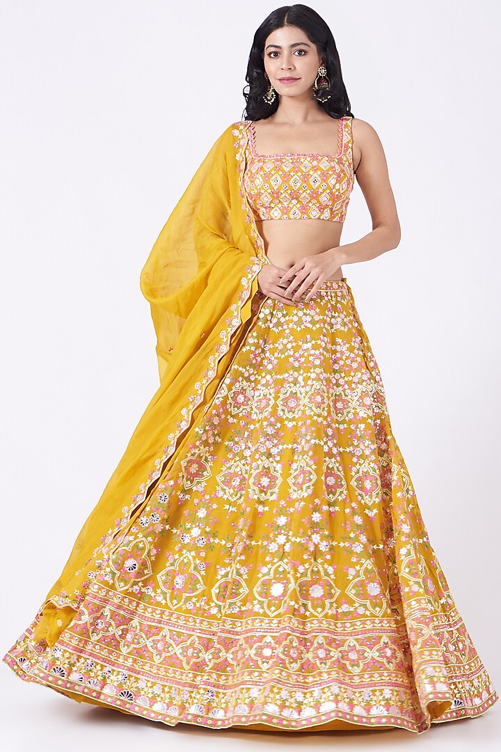 Yellow Embroidered Wedding Lehenga Set by Aneesh Agarwaal at Pernia's Pop Up Shop