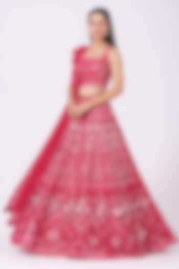 Ruby Red Embroidered Lehenga Set by Aneesh Agarwaal