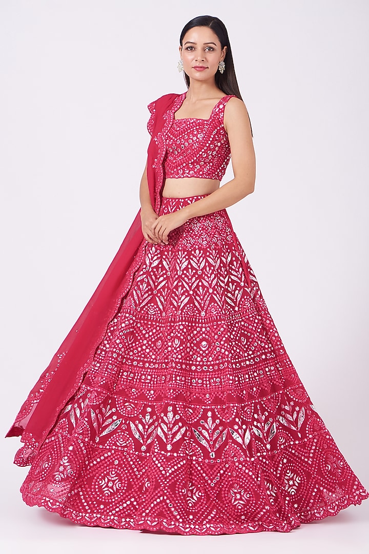 Ruby Red Embroidered Lehenga Set by Aneesh Agarwaal