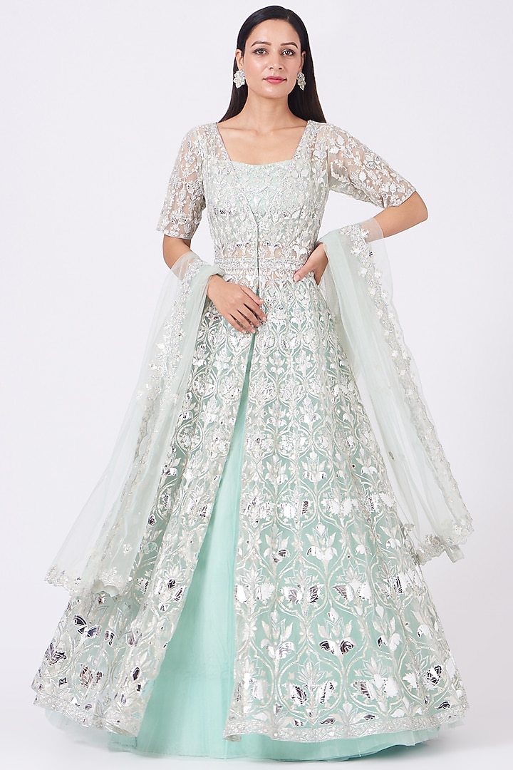 Aqua Net Foil Applique Embroidered Jacket Bridal Lehenga Set by Aneesh Agarwaal at Pernia's Pop Up Shop