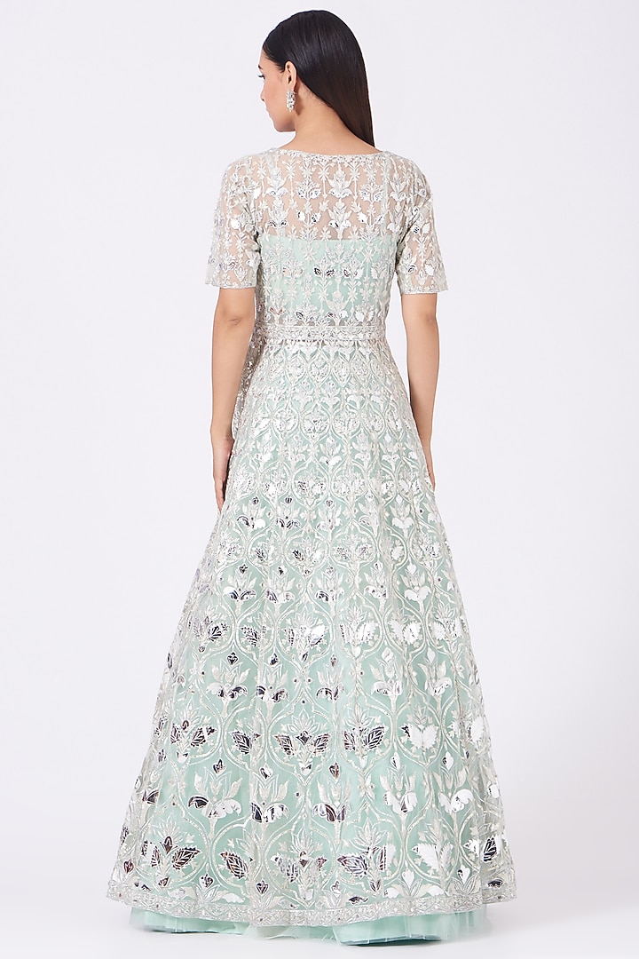 Aqua Net Foil Applique Embroidered Jacket Bridal Lehenga Set by Aneesh Agarwaal at Pernia's Pop Up Shop