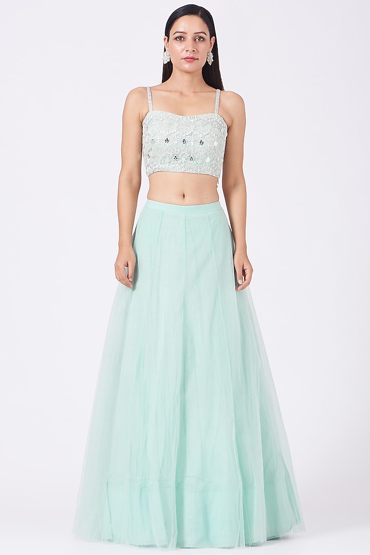 Aqua Net Foil Applique Embroidered Jacket Bridal Lehenga Set by Aneesh Agarwaal at Pernia's Pop Up Shop