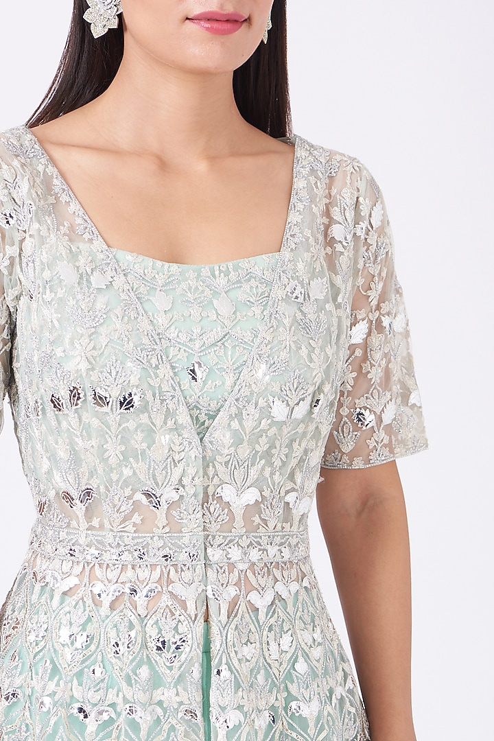 Aqua Net Foil Applique Embroidered Jacket Bridal Lehenga Set by Aneesh Agarwaal at Pernia's Pop Up Shop