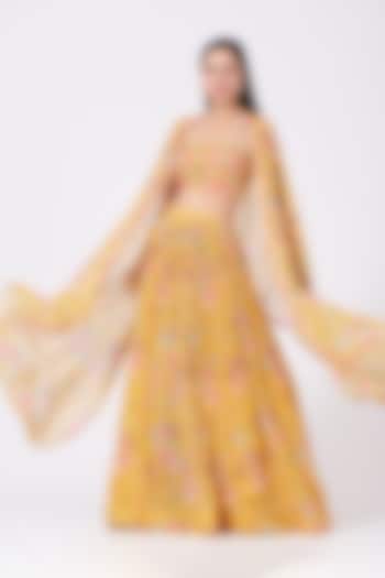 Yellow Printed Wedding Lehenga Set With Cape by Aneesh Agarwaal PRET at Pernia's Pop Up Shop