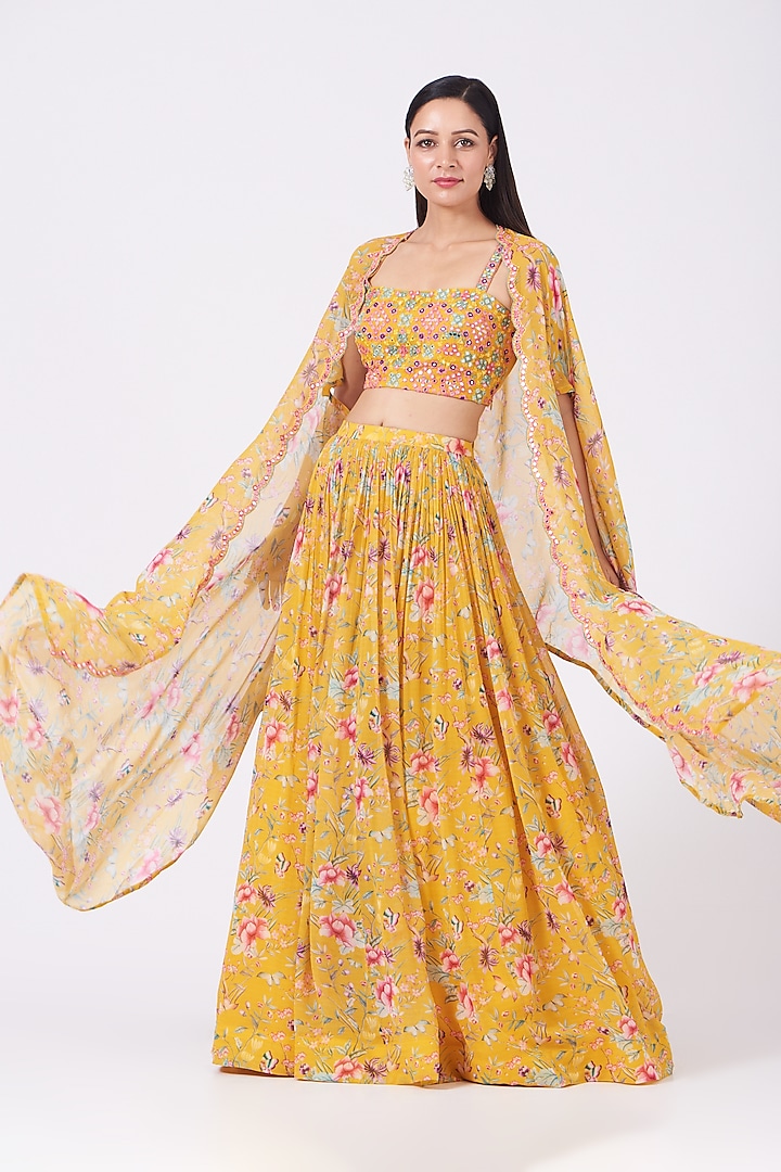 Yellow Printed Wedding Lehenga Set With Cape by Aneesh Agarwaal PRET at Pernia's Pop Up Shop