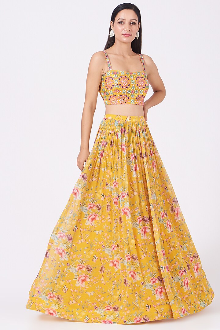 Yellow Printed Wedding Lehenga Set With Cape by Aneesh Agarwaal PRET at Pernia's Pop Up Shop