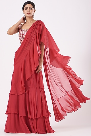 Red Ruffled Saree Set by Aneesh Agarwaal PRET