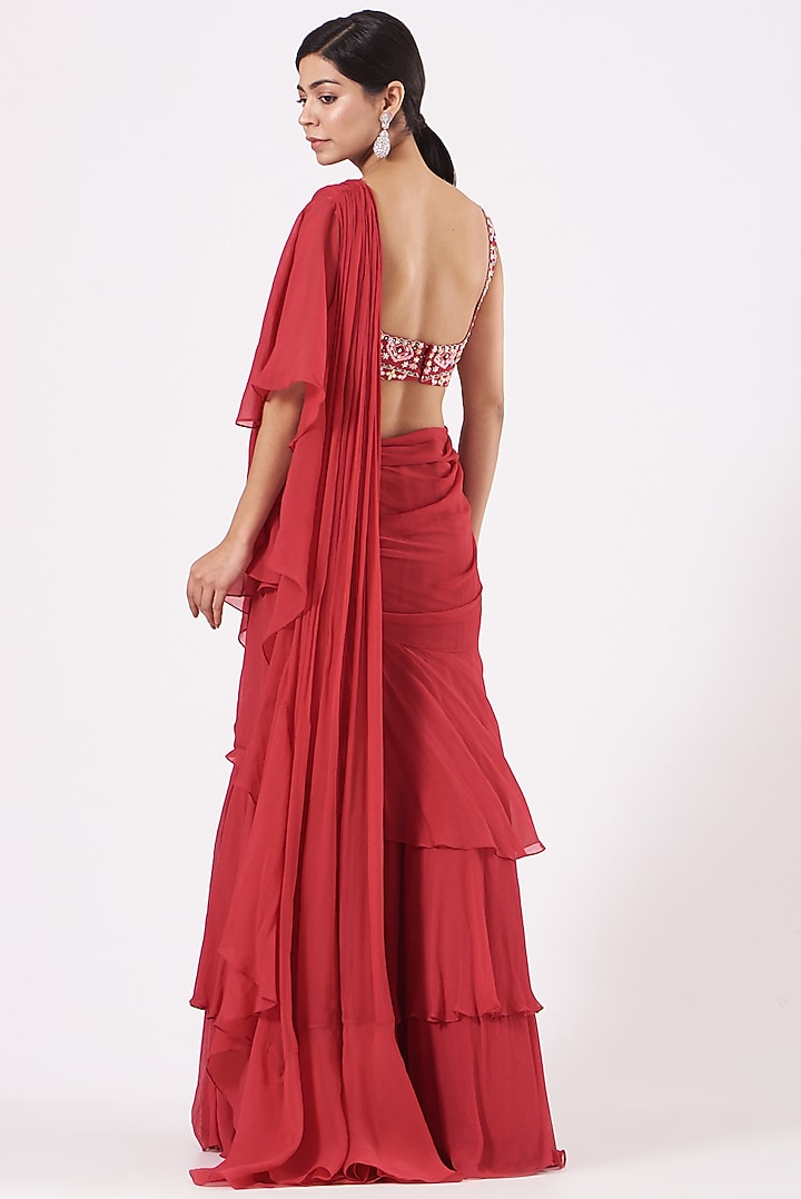 Red Ruffled Wedding Saree Set by Aneesh Agarwaal PRET at Pernia's Pop Up Shop