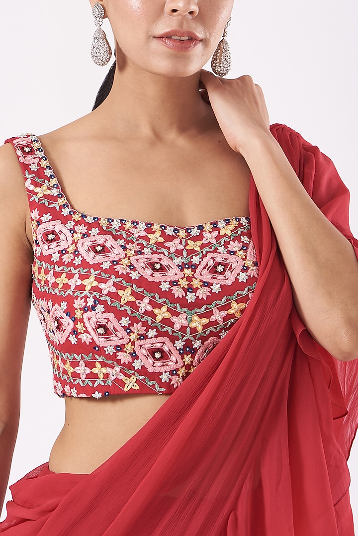 Red Ruffled Wedding Saree Set by Aneesh Agarwaal PRET at Pernia's Pop Up Shop