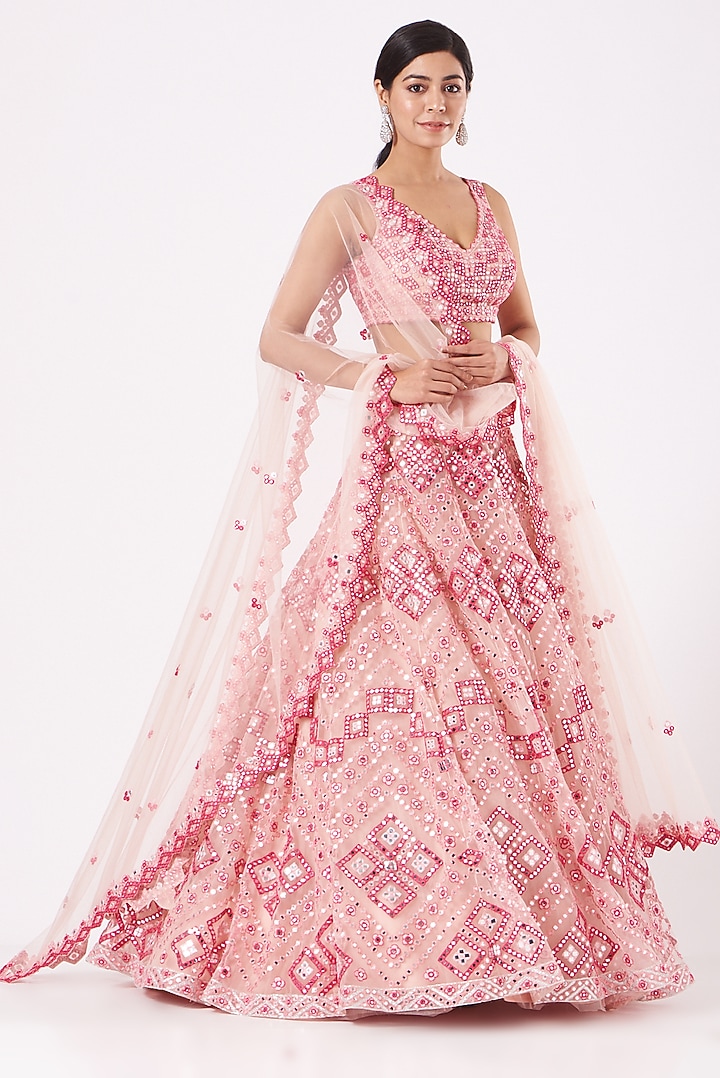 Soft Pink Embroidered Bridal Lehenga Set by Aneesh Agarwaal at Pernia's Pop Up Shop