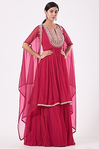 Red Chiffon Skirt Set by Aneesh Agarwaal PRET