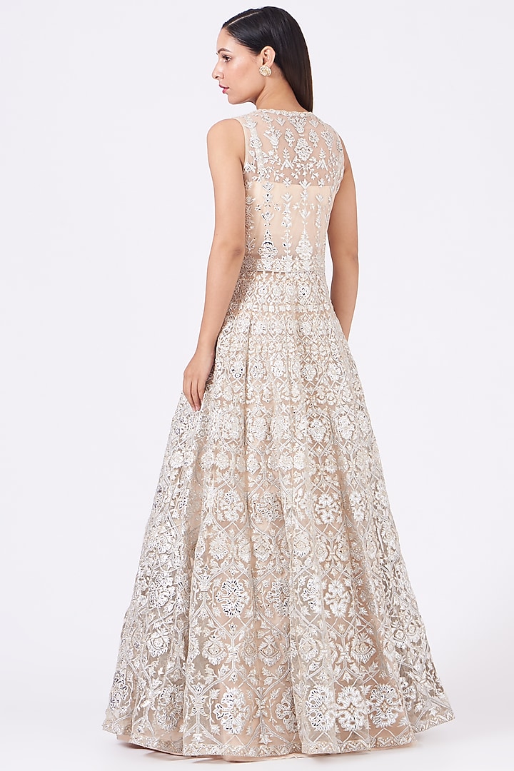 Ivory Net Embroidered Jacket Bridal Lehenga Set by Aneesh Agarwaal at Pernia's Pop Up Shop