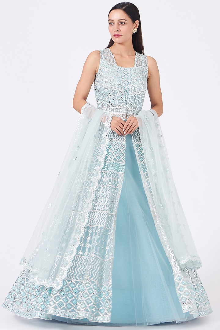 Blue Net Embroidered Jacket Bridal Lehenga Set by Aneesh Agarwaal at Pernia's Pop Up Shop