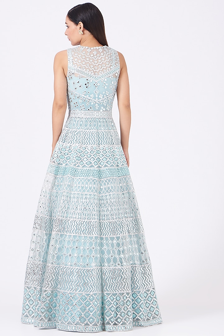 Blue Net Embroidered Jacket Bridal Lehenga Set by Aneesh Agarwaal at Pernia's Pop Up Shop