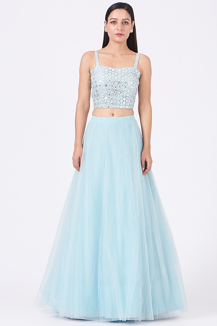 Blue Net Embroidered Jacket Bridal Lehenga Set by Aneesh Agarwaal at Pernia's Pop Up Shop
