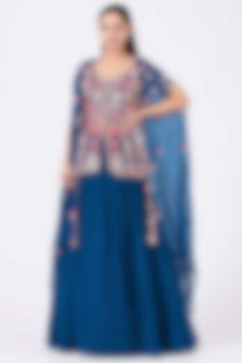 Royal Blue Skirt Set With Embroidered Cape by Aneesh Agarwaal PRET at Pernia's Pop Up Shop