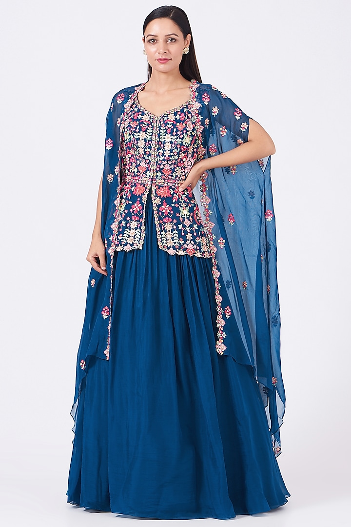 Royal Blue Skirt Set With Embroidered Cape by Aneesh Agarwaal PRET at Pernia's Pop Up Shop