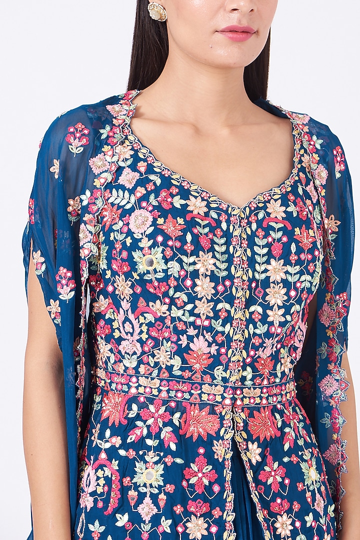 Royal Blue Skirt Set With Embroidered Cape by Aneesh Agarwaal PRET at Pernia's Pop Up Shop