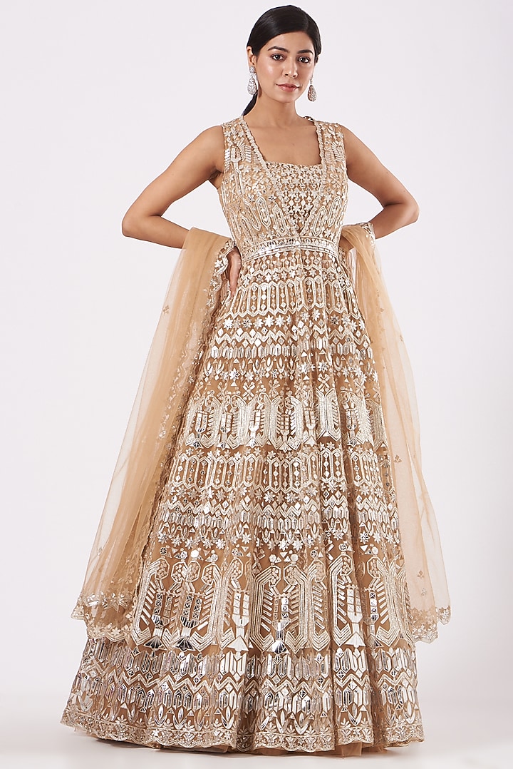 Beige Anarkali Jacket Set by Aneesh Agarwaal at Pernia's Pop Up Shop