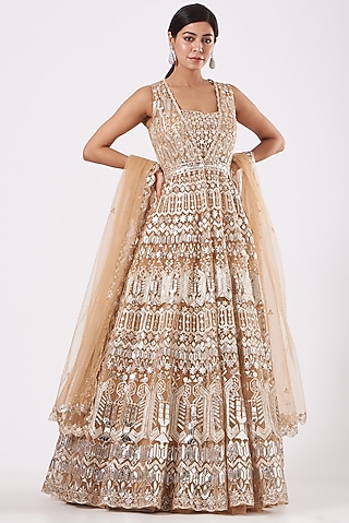 Beige Anarkali Jacket Set by Aneesh Agarwaal
