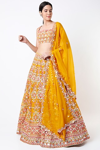 Yellow Embroidered Lehenga Set by Aneesh Agarwaal