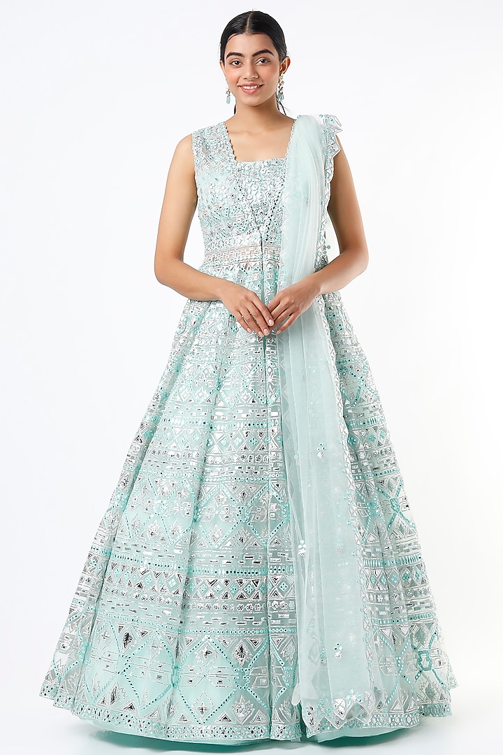 Blue Net Thread Applique Embroidered Jacket Bridal Lehenga Set by Aneesh Agarwaal at Pernia's Pop Up Shop