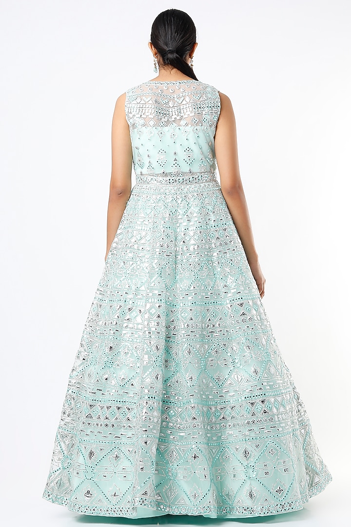 Blue Net Thread Applique Embroidered Jacket Bridal Lehenga Set by Aneesh Agarwaal at Pernia's Pop Up Shop