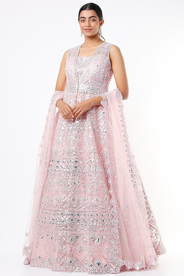 Powder Pink Net Thread Applique Embroidered Jacket Bridal Lehenga Set by Aneesh Agarwaal at Pernia's Pop Up Shop