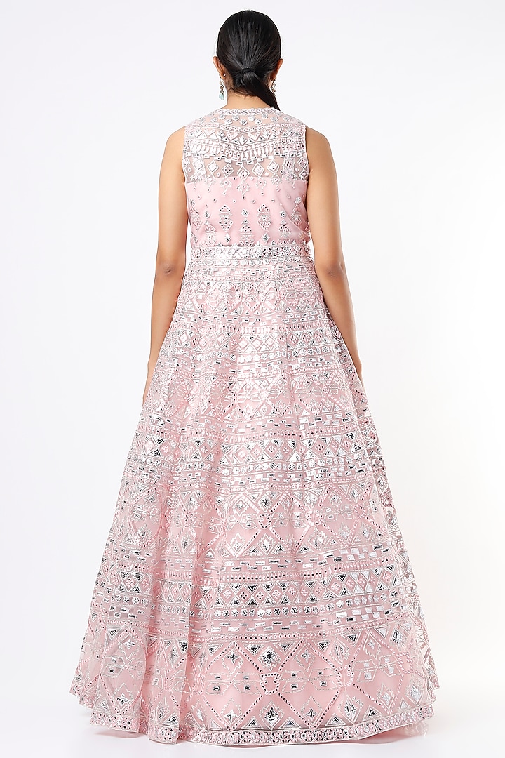 Powder Pink Net Thread Applique Embroidered Jacket Bridal Lehenga Set by Aneesh Agarwaal at Pernia's Pop Up Shop