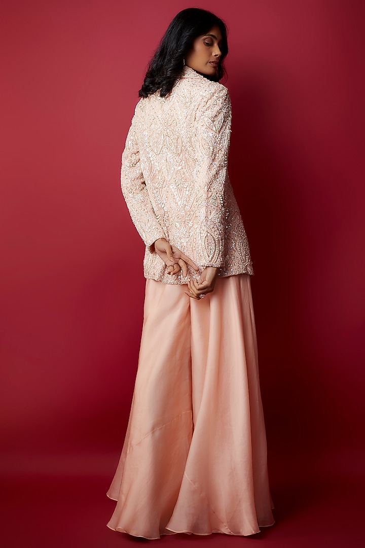 Peach Net Cutdana & Sequins Hand Embroidered Jacket Set by Aneesh Agarwaal at Pernia's Pop Up Shop