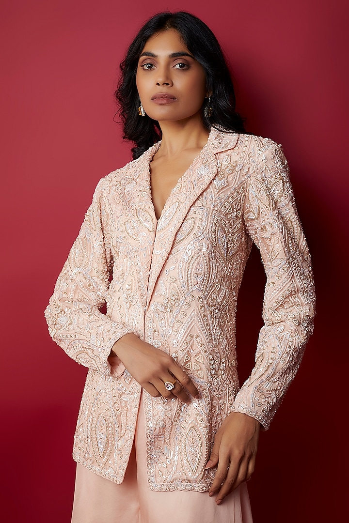 Peach Net Cutdana & Sequins Hand Embroidered Jacket Set by Aneesh Agarwaal at Pernia's Pop Up Shop