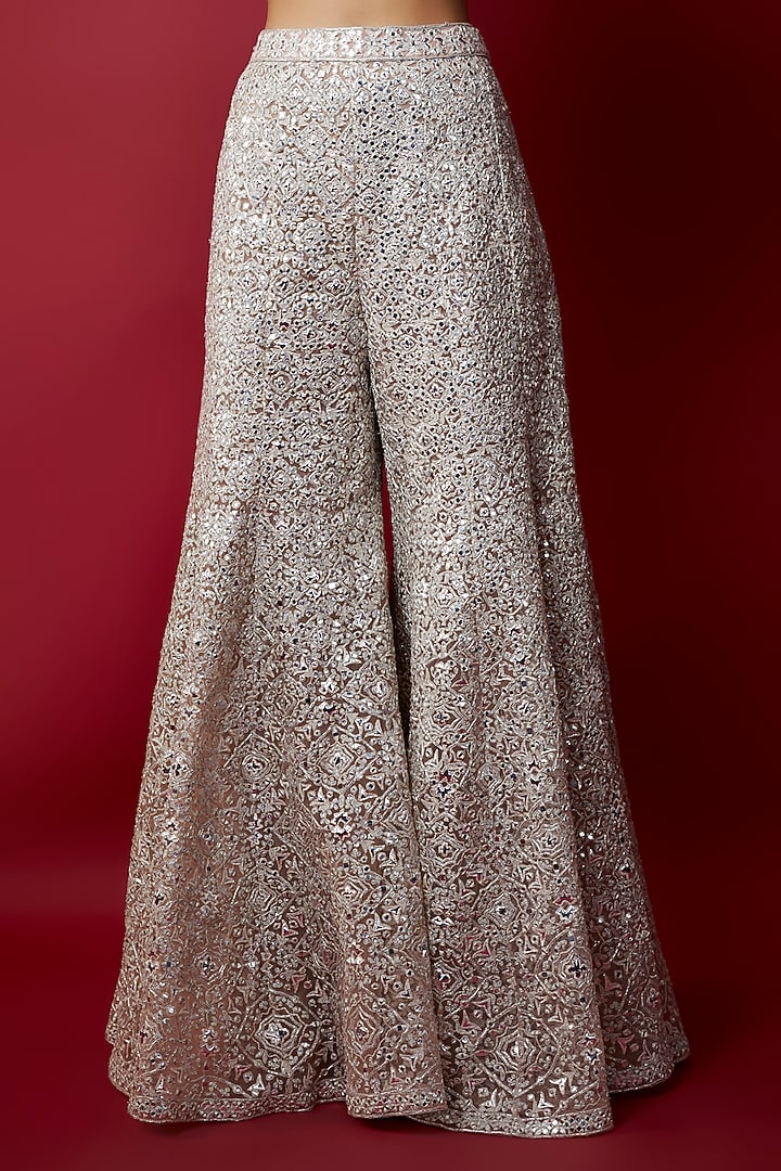 Taupe Net Foil Applique & Mirror Embroidered Bridal Sharara Set by Aneesh Agarwaal at Pernia's Pop Up Shop