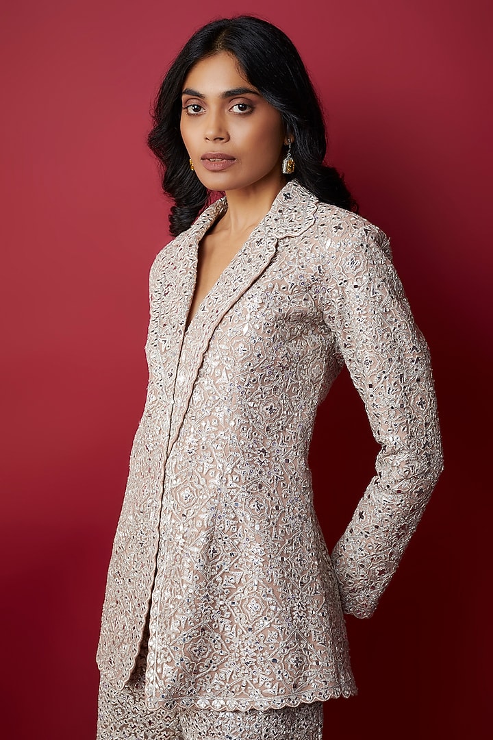Taupe Net Foil Applique & Mirror Embroidered Bridal Sharara Set by Aneesh Agarwaal at Pernia's Pop Up Shop