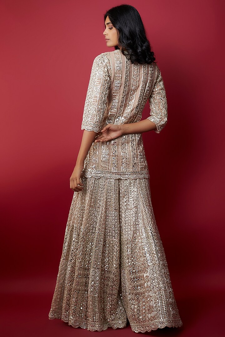 Taupe Net Sequins & Cutdana Embroidered Bridal Sharara Set by Aneesh Agarwaal at Pernia's Pop Up Shop