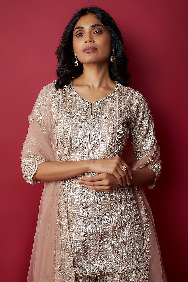 Taupe Net Sequins & Cutdana Embroidered Bridal Sharara Set by Aneesh Agarwaal at Pernia's Pop Up Shop