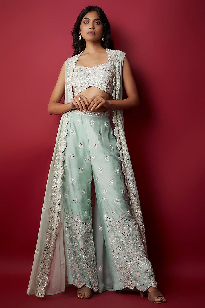 Mint Georgette Thread & Sequins Embroidered Jacket Set by Aneesh Agarwaal PRET at Pernia's Pop Up Shop