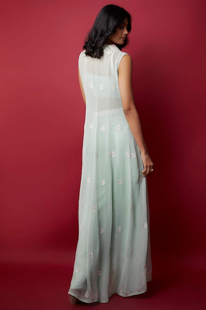 Mint Georgette Thread & Sequins Embroidered Jacket Set by Aneesh Agarwaal PRET at Pernia's Pop Up Shop