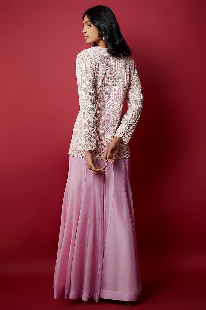 Onion Pink Net Cutdana & Sequins Hand Embroidered Jacket Set by Aneesh Agarwaal at Pernia's Pop Up Shop