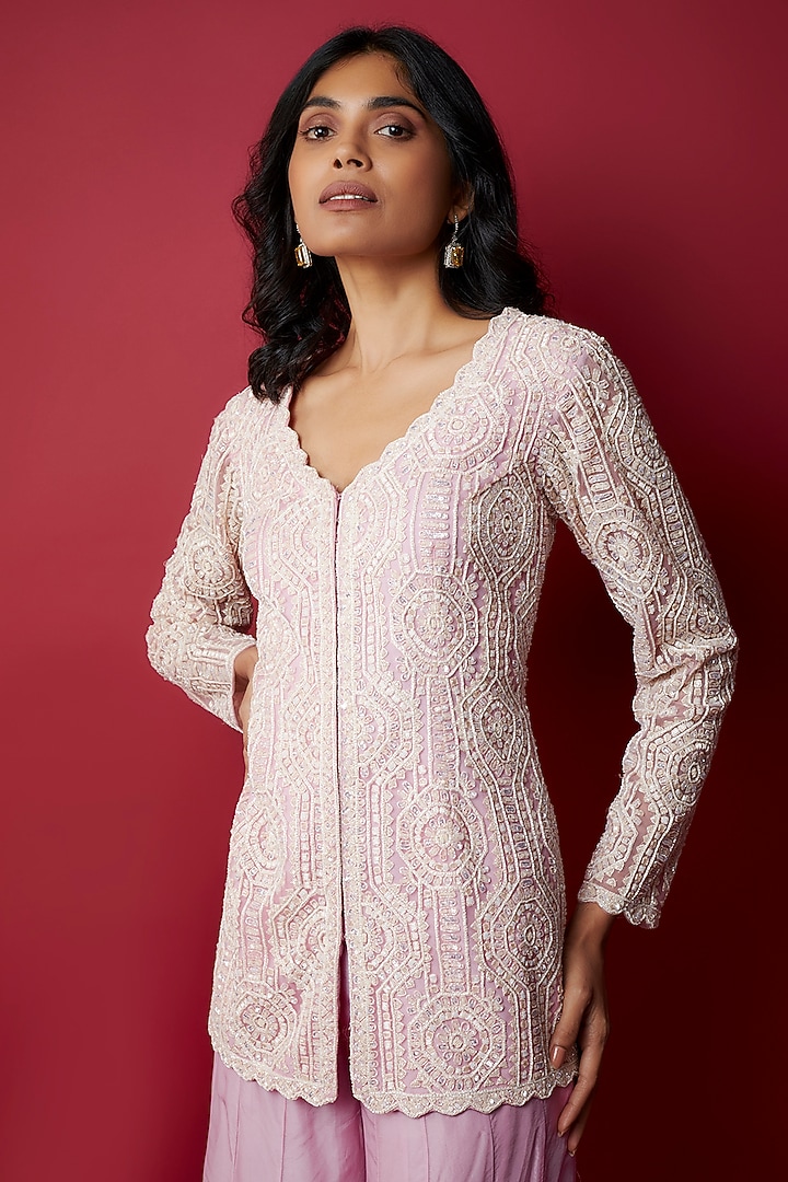 Onion Pink Net Cutdana & Sequins Hand Embroidered Jacket Set by Aneesh Agarwaal at Pernia's Pop Up Shop