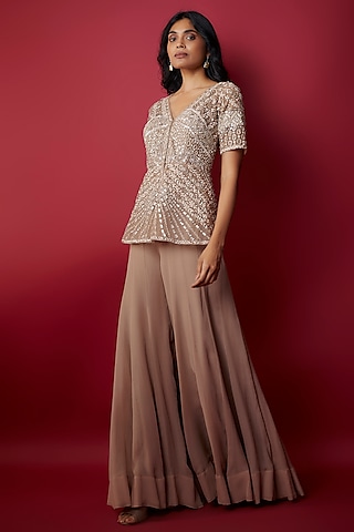 Taupe Net Stone & Sequins Hand Embroidered Jacket Set by Aneesh Agarwaal