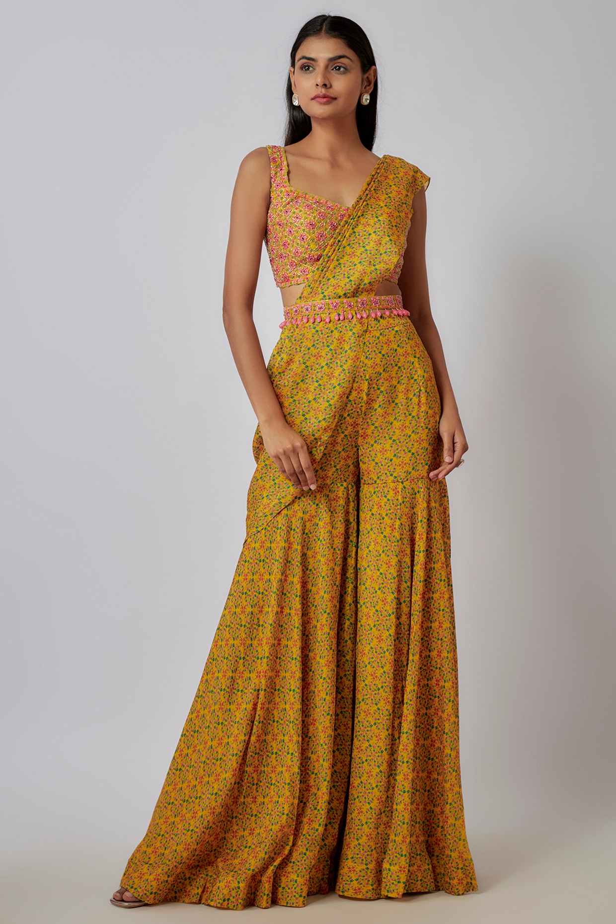 Yellow Floral Print Saree in Muslin Crepe with Hand Embroidered Scallo –  Label by Saloni