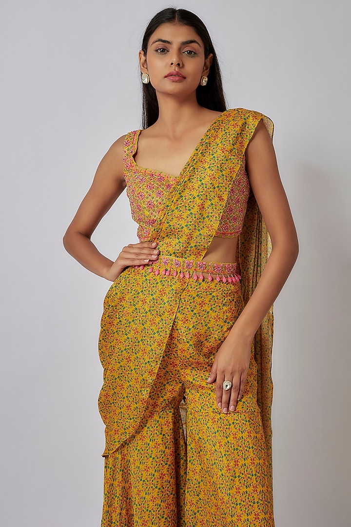 Yellow Chinon Sharara Wedding Saree Set by Aneesh Agarwaal PRET at Pernia's Pop Up Shop