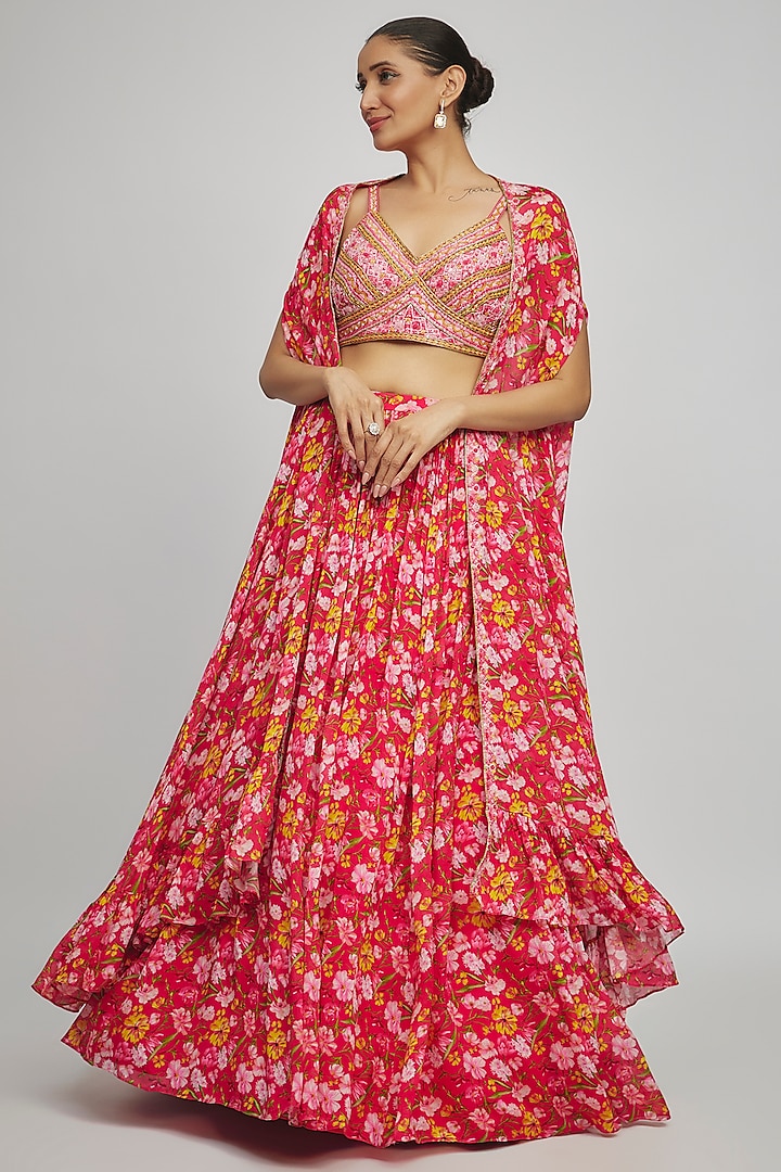 Magenta Chinon Floral Printed Cape Set by Aneesh Agarwaal PRET at Pernia's Pop Up Shop