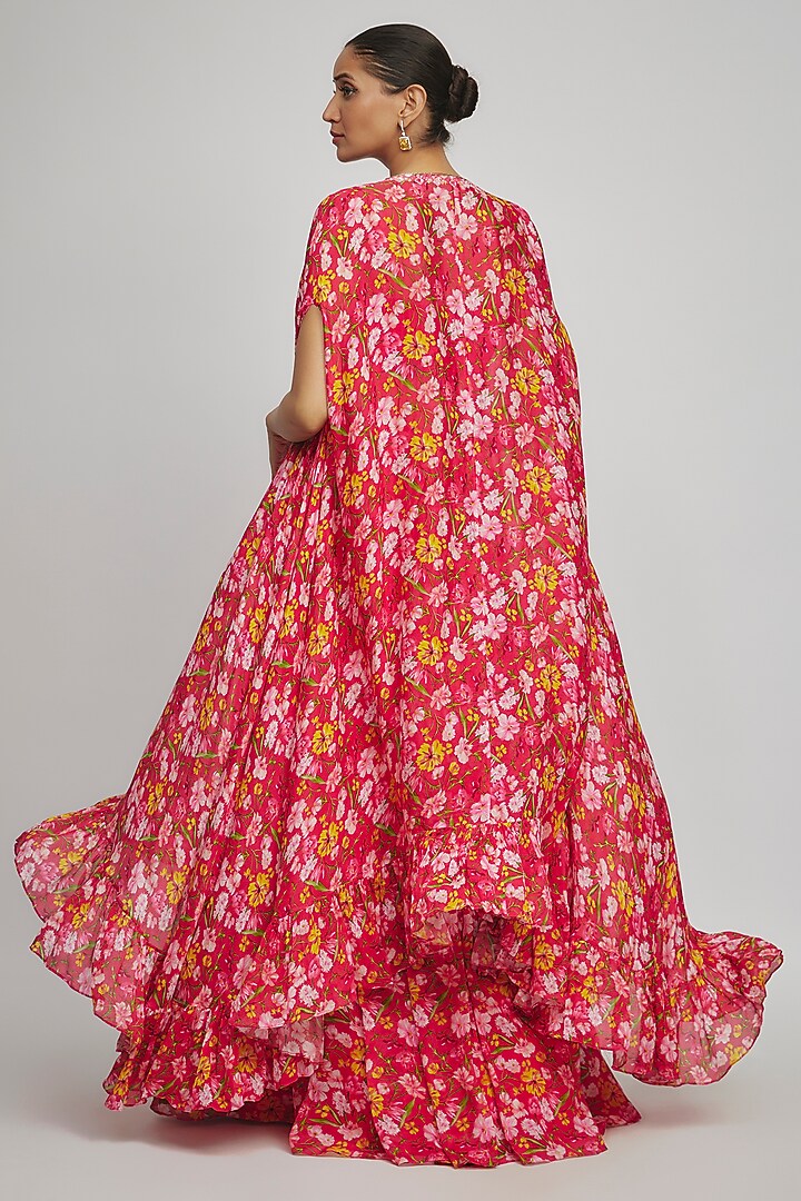 Magenta Chinon Floral Printed Cape Set by Aneesh Agarwaal PRET at Pernia's Pop Up Shop