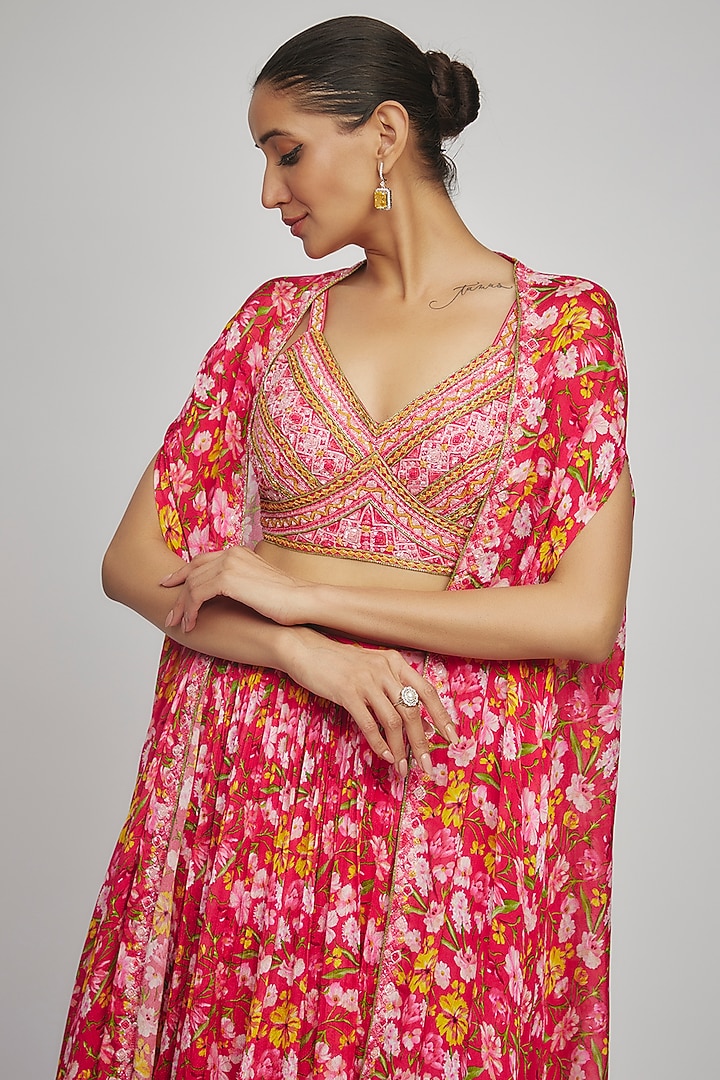 Magenta Chinon Floral Printed Cape Set by Aneesh Agarwaal PRET at Pernia's Pop Up Shop