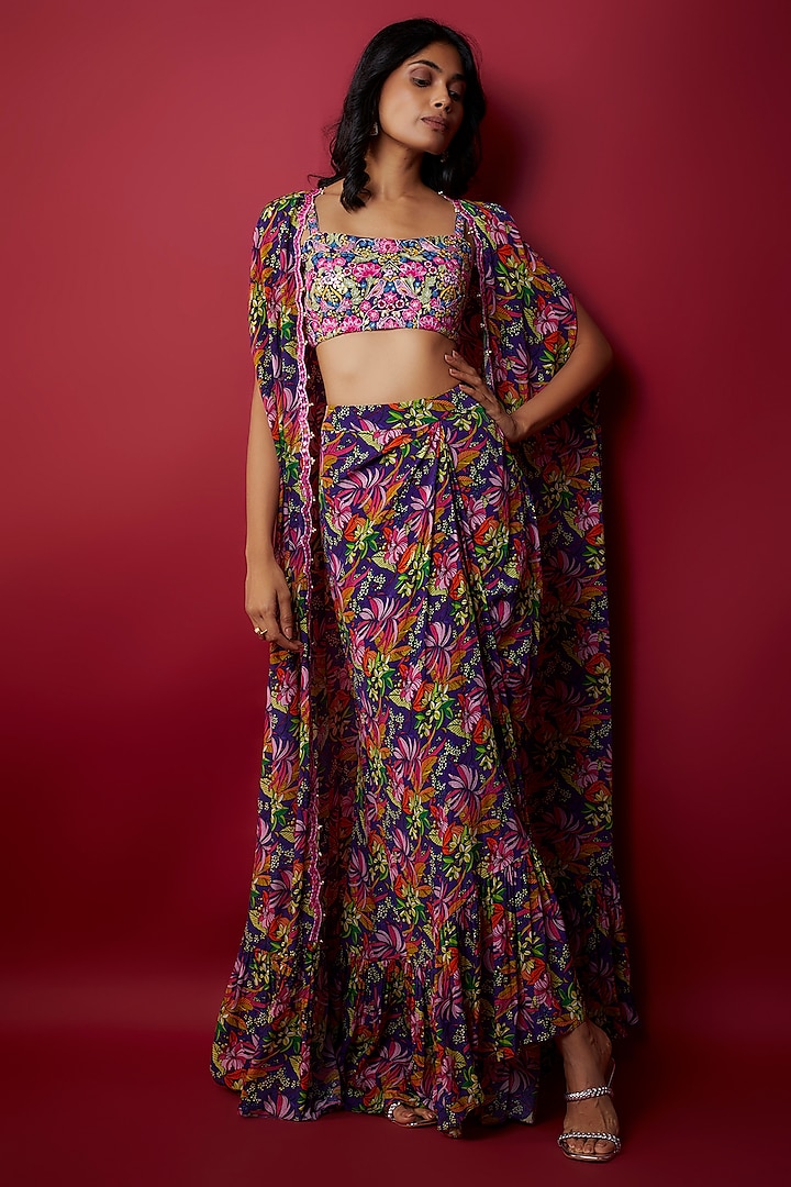 Purple Crepe Applique Embroidered & Printed Jacket Set by Aneesh Agarwaal PRET