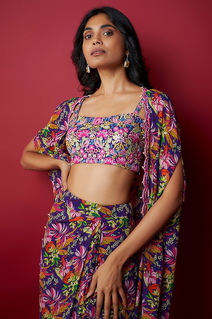 Purple Crepe Applique Embroidered & Printed Jacket Set by Aneesh Agarwaal PRET at Pernia's Pop Up Shop